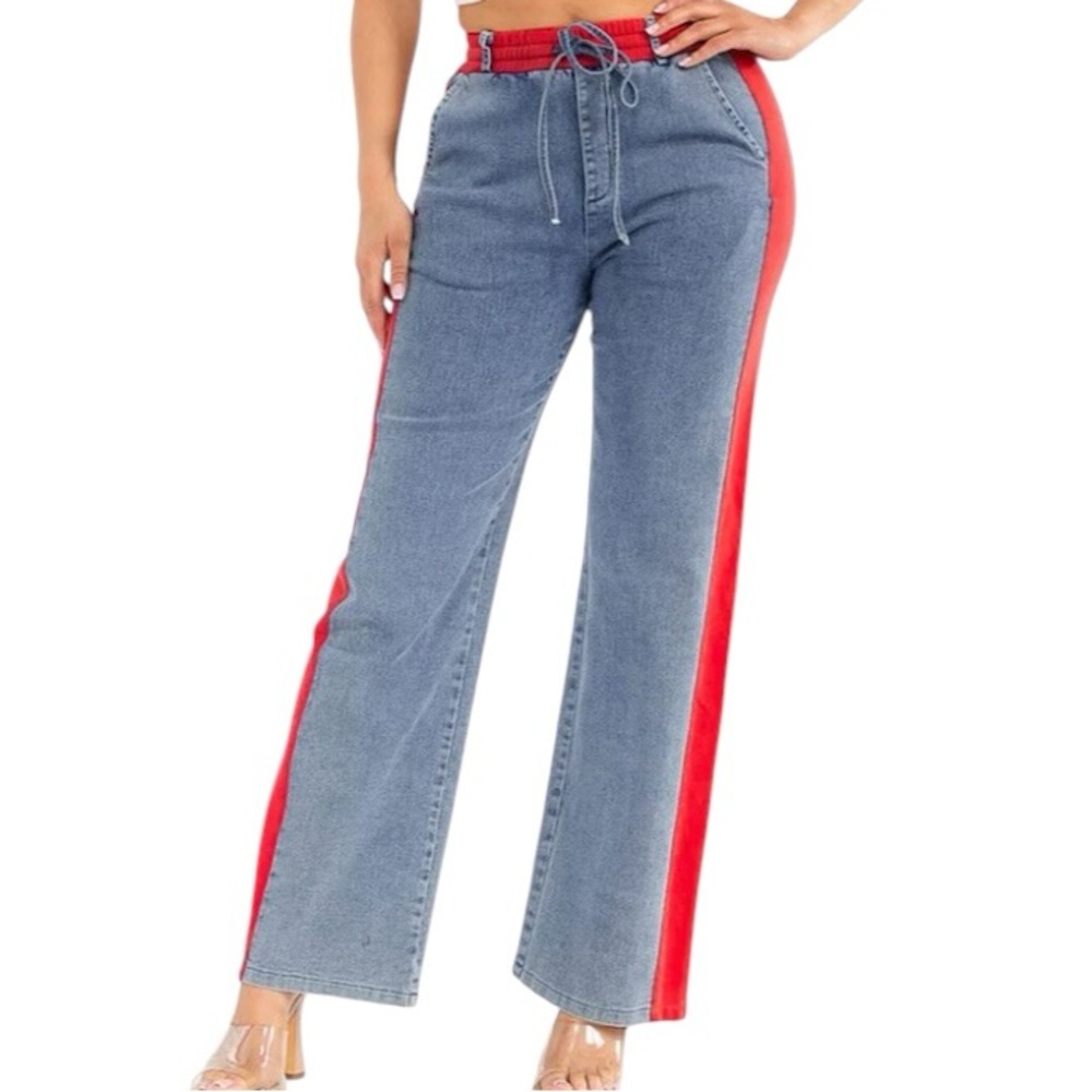 Elastic Waist Wide Leg Denim Contrast Wide Leg Trousers Ponte Knit Red & Denim
